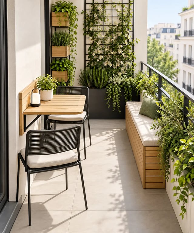 Décoration terrasse extérieure moderne pour petit balcon avec plantes et mobilier pliant