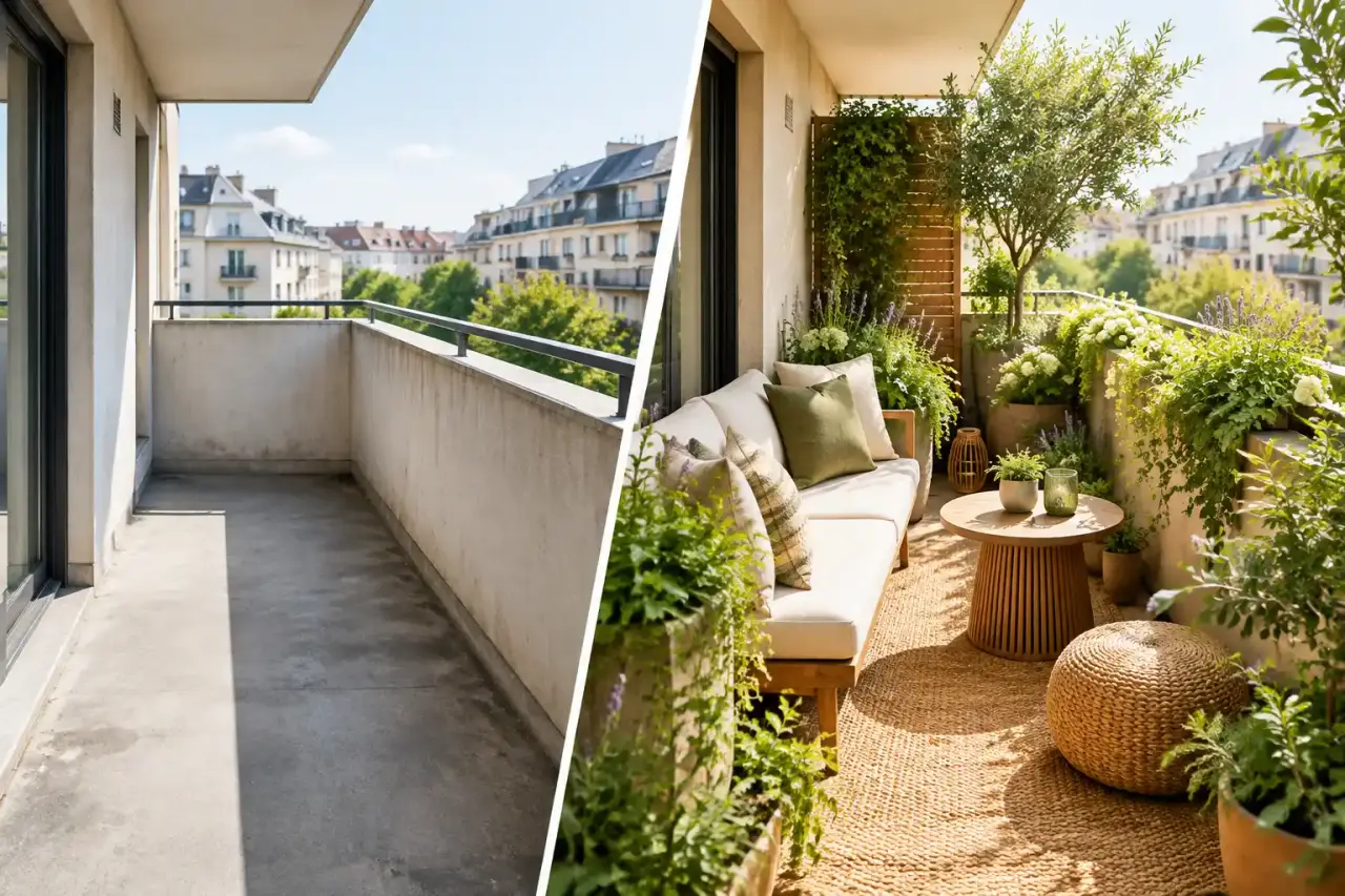 Balcon urbain transformé en jardin élégant avec mobilier en bois et plantes luxuriantes