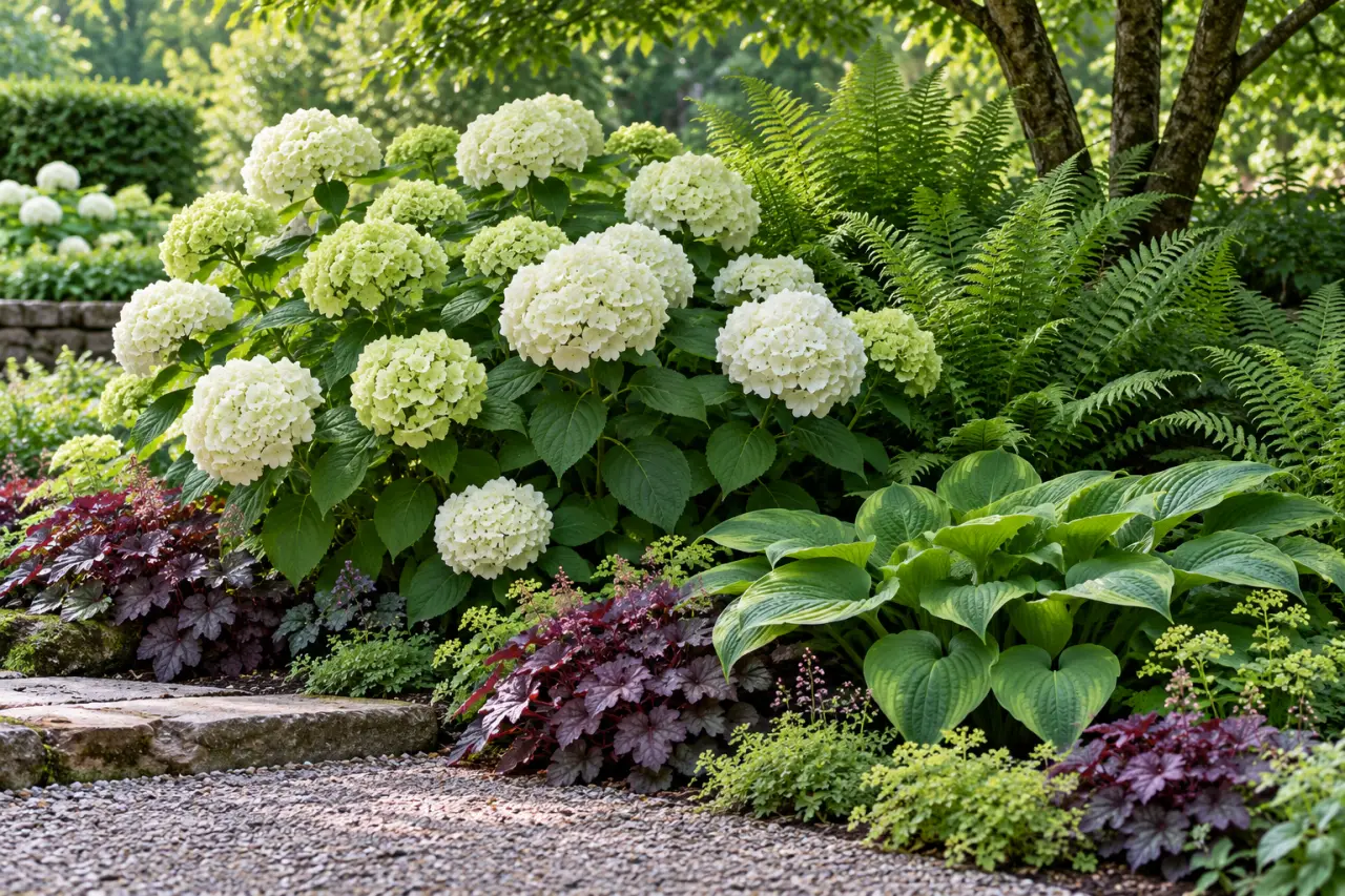 Massif hortensia blanc et vert associé à des fougères, hostas et heuchères