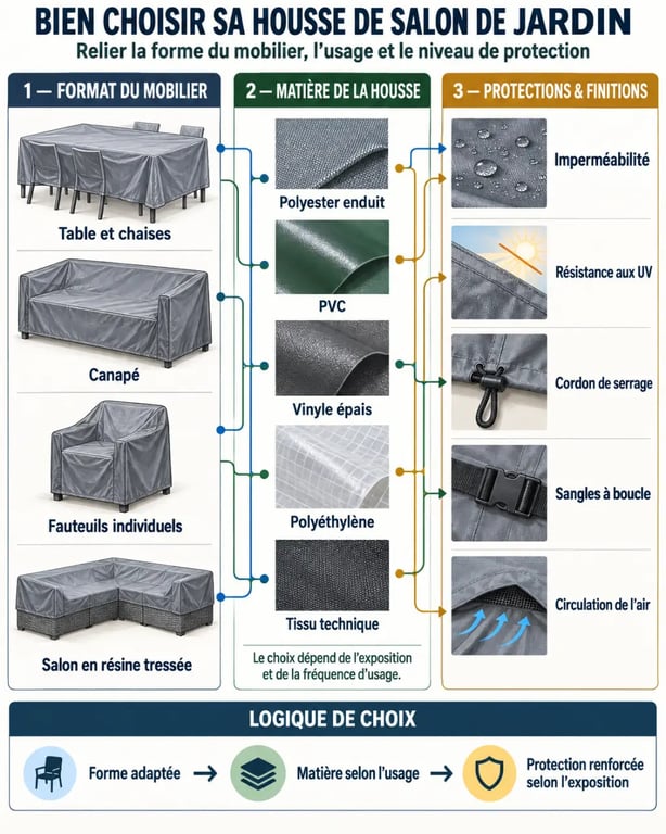 Infographie pour choisir une housse de salon de jardin selon le mobilier, la matière et le maintien