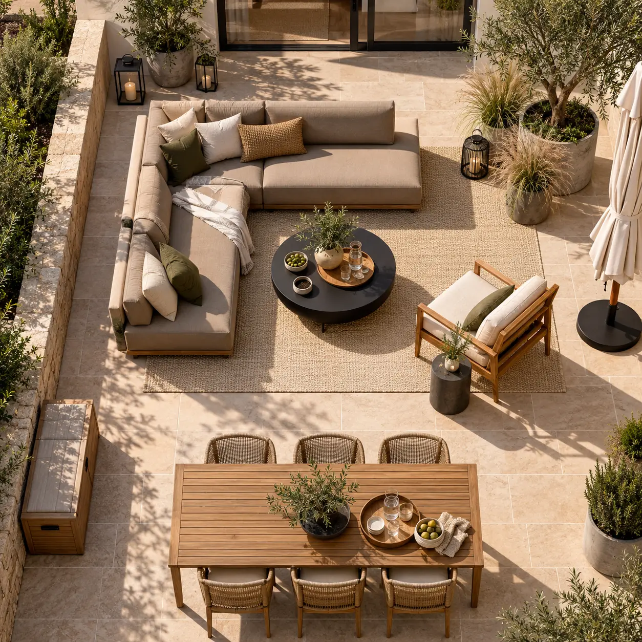 Une décoration de terrasse extérieure moderne, pensée pour circuler, vivre et durer