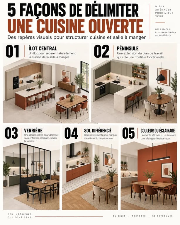 Solutions pour délimiter une cuisine salle à manger ouverte avec îlot, verrière et sol différencié