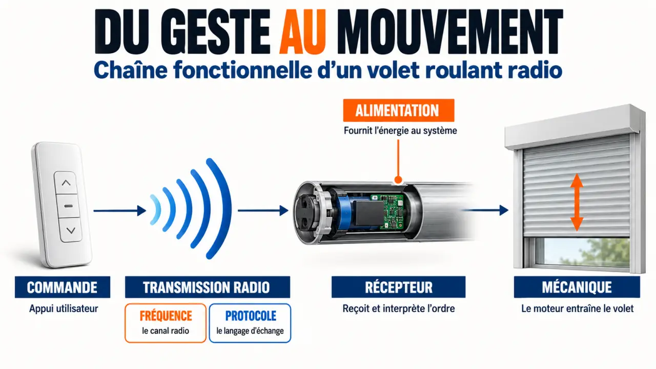 Schéma de fonctionnement d'une télécommande de volet roulant avec récepteur radio et moteur
