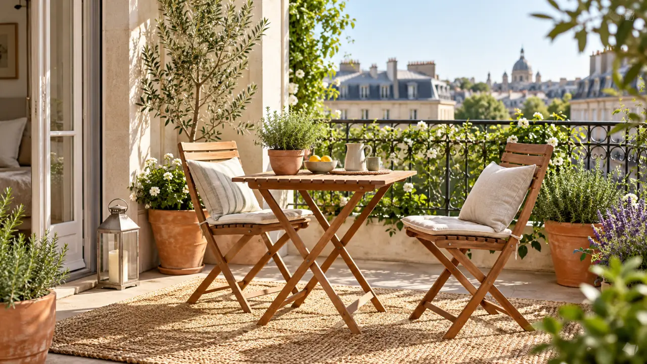 Terrasse élégante aménagée avec mobilier en bois, textiles naturels et plantes en pots