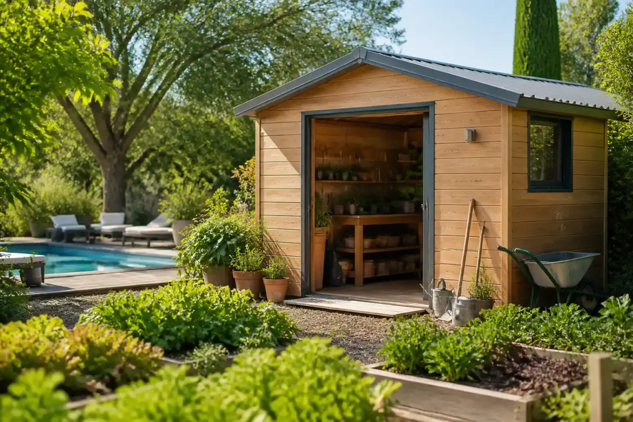 Cabane de jardin réaménagée en cabanon de potager avec bacs en bois et outils rangés