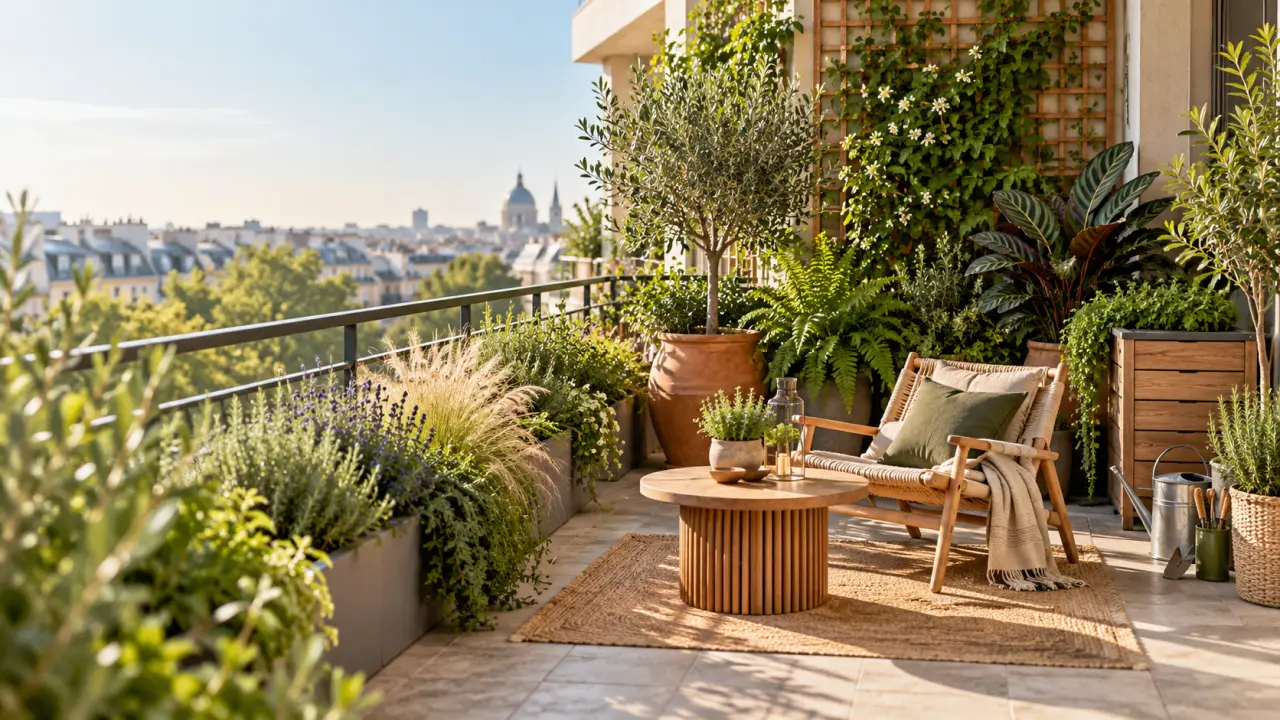 Balcon botanique élégant avec plantes luxuriantes et mobilier extérieur durable