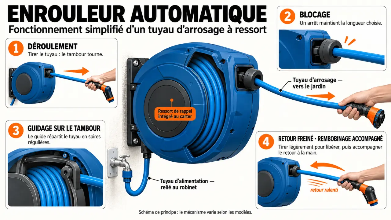 Schéma du fonctionnement d’un enrouleur automatique de tuyau d’arrosage avec guidage et rembobinage