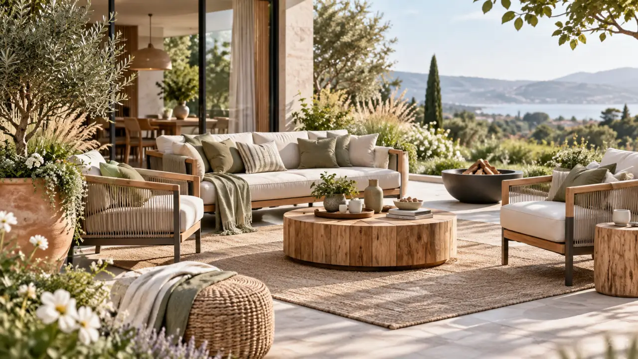 Salon de jardin élégant aménagé sur une terrasse avec mobilier en bois et plantes luxuriantes