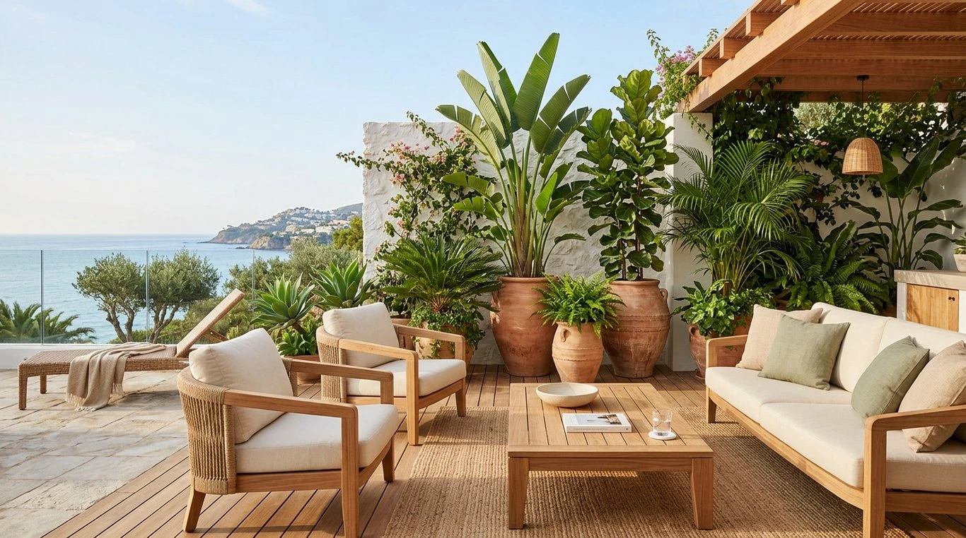 Terrasse luxueuse avec mobilier en teck et plantes tropicales au soleil matinal