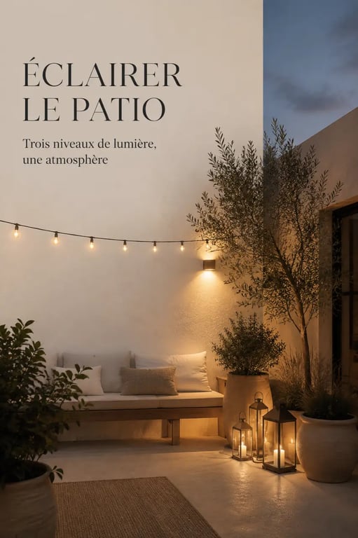 Aménagement patio extérieur avec éclairage chaleureux, plantes et coin détente le soir