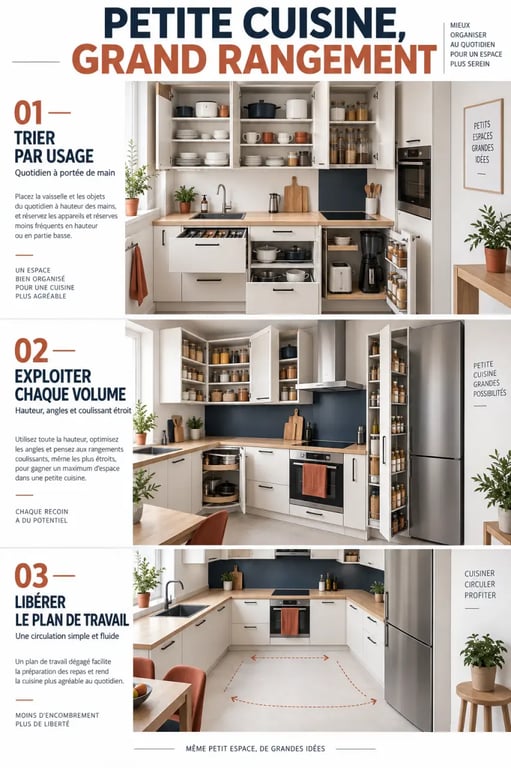 Illustration montrant comment optimiser les rangements dans une petite cuisine grâce au tri, aux meubles hauts et aux rangements coulissants
