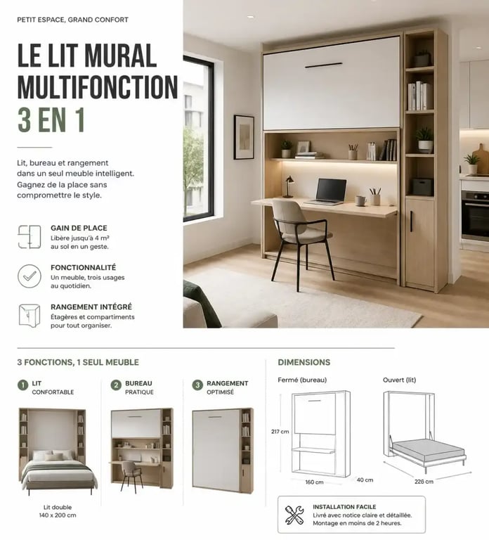 Mobilier multifonction pour aménagement petit studio avec lit escamotable