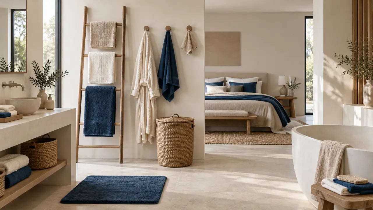 Linge de bain et linge de maison coordonnés dans une salle de bain et une chambre harmonieuses