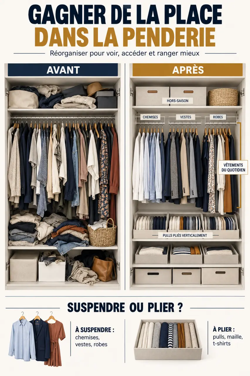 Infographie sur le gain de place dans une penderie grâce au pliage vertical et à une meilleure répartition des vêtements