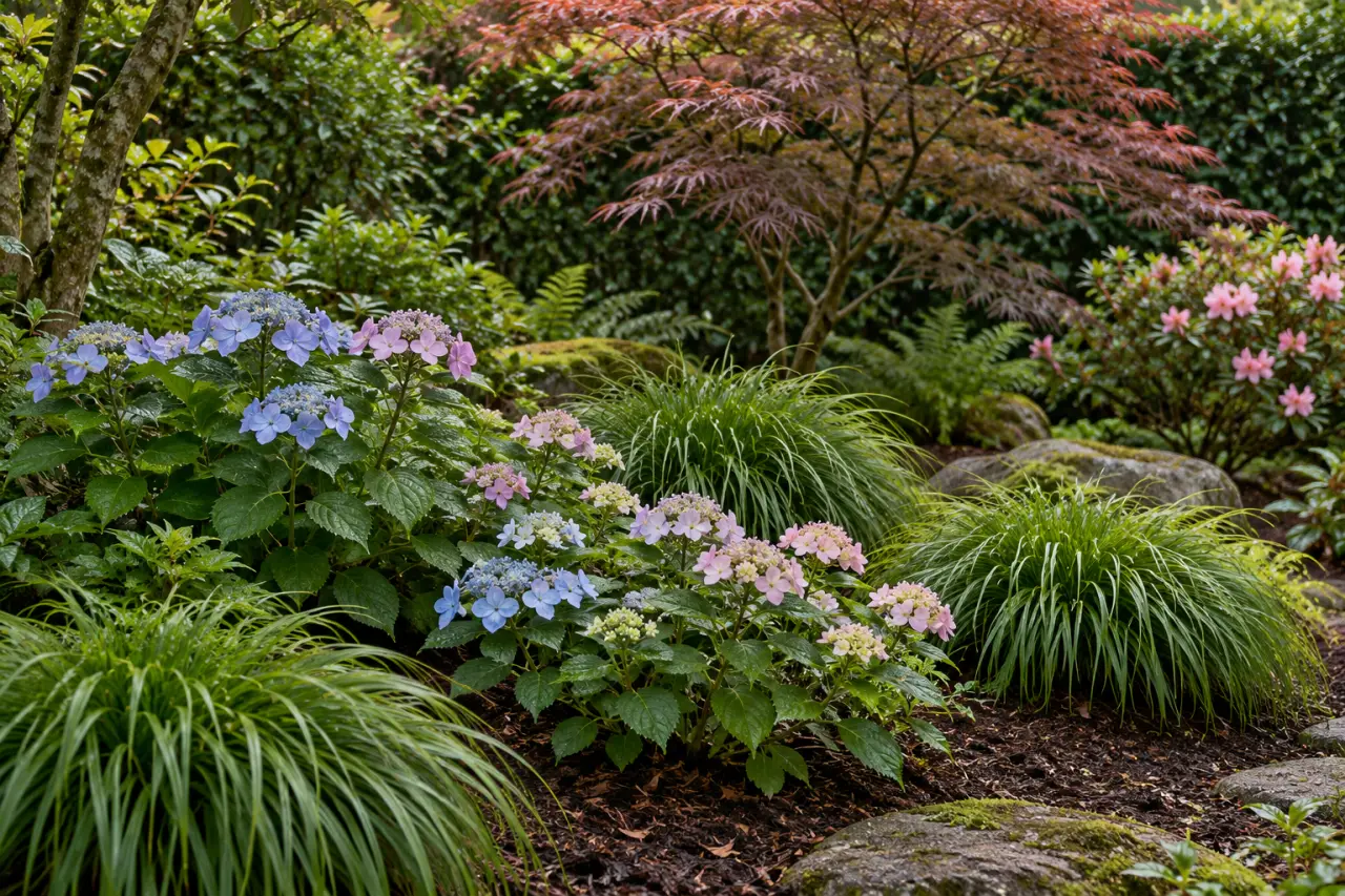 Massif hortensia japonisant avec hakonechloa, érable du Japon et azalée